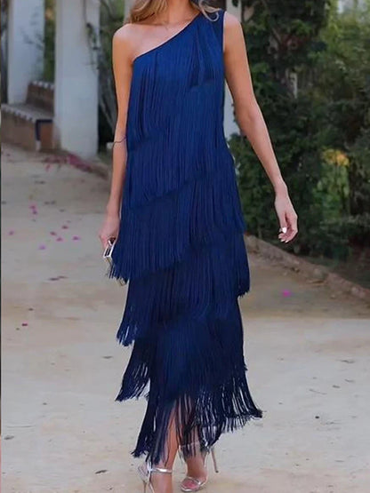 binfenxie  -   Tassels Sleeveless Ankle Length Dress Women Off Shoulder Straight Elegant Party Dress Women Summer New Blue Solid Slim