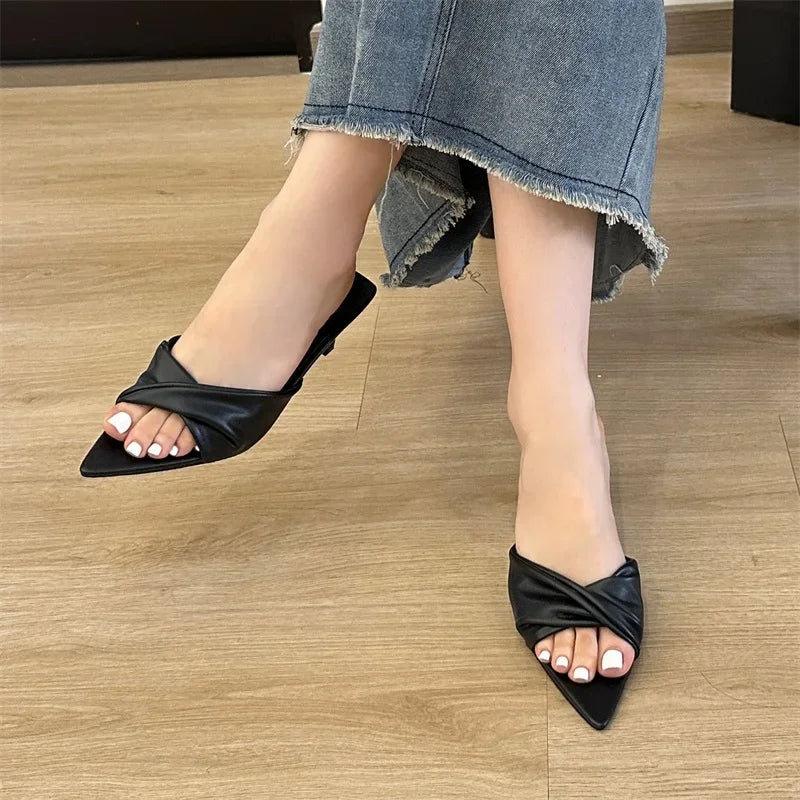 binfenxie Fashion Design Pleated Pointed Toe Women Slippers Elegant Thin Low Heels Summer Female Slide Shoes