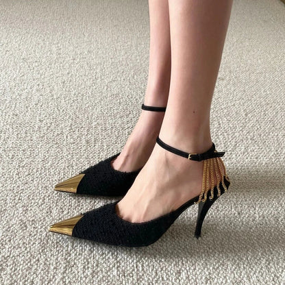 Futurecen Woman Pumps High Heels Fashion Chain Decoration Hollow Elegant Stiletto Sandals Pointed Toe Party Shoes for Women