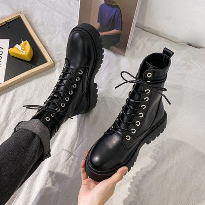 White Black PU Leather Ankle Boots Women Autumn Winter Round Toe Lace Up Shoes Woman Fashion Motorcycle Platform