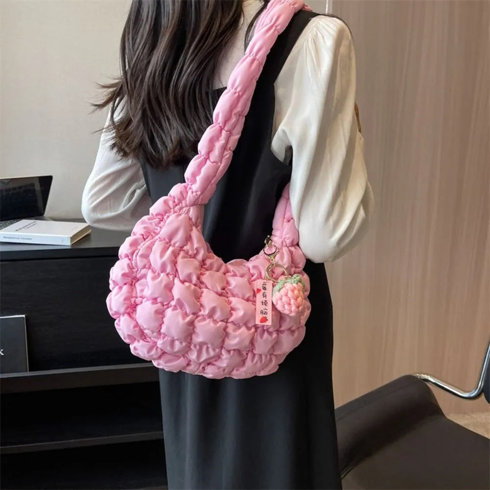 binfenxie Plaid Quilted Crossbody Bags for Women Korean Bubble Embroidered Shoulder Bags Ruched Solid Satchel Underarm Bag with Pendant