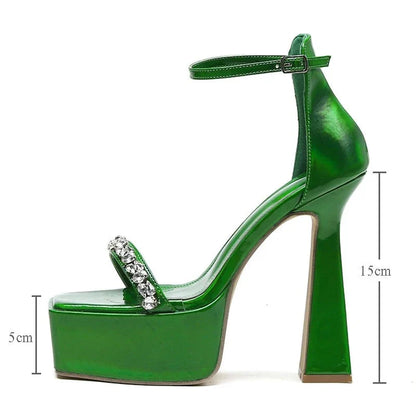 CRYSTAL Diamond Platform Open Toe Sandals Women Street Style Party Dress Thick High Heels Ladies Shoes