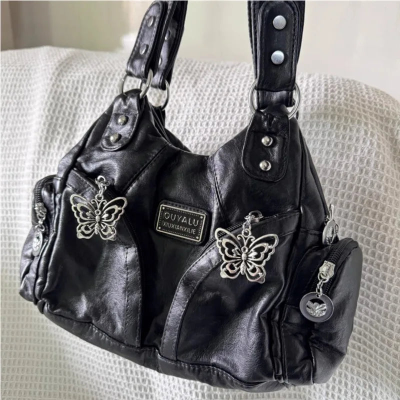 binfenxie Y2k Black Womens Shoulder Bag Gothic Original Advanced Fashion Tote Bag Large Capacity Leather Motorcycle Vintage Handbag