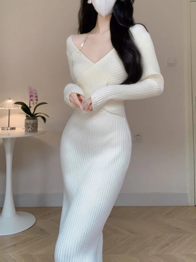 Women Elegant Slim Knitting Midi Dress Autumn New Solid Ribbed Bodycon Evening Party Vestidos Winter Sweater Robe Jumper