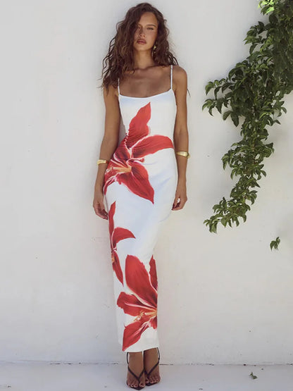 Floreal Print Long Dress For Women Gown Summer New Spaghetti Strap Sleeveless Backless Bodycon Sexy Midi Dress Elegant