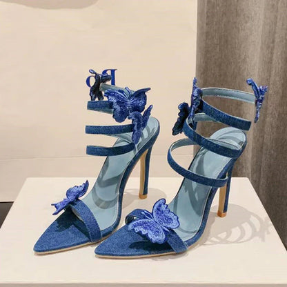 binfenxie  High Quality Embroidery Butterfly Ankle Strap Sandals Women Sexy Pointed Toe Gladiator Heels Summer Party Dress Shoes Blue