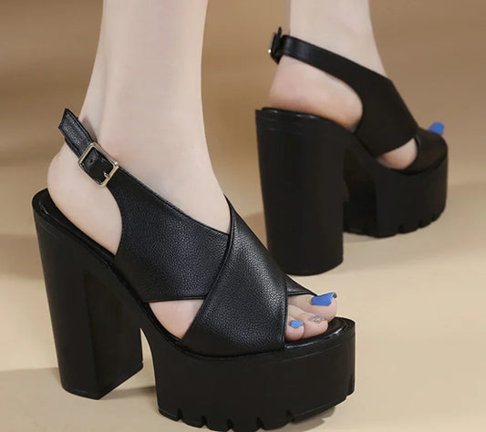 Futurecen  -  Summer Open Toe Cross Strap PU Leather Sandals Slingback Block Thick Heel Platform Casual Shoes Back Strap Pumps