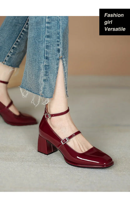 Women heels Shoes Mary Jane Shoes Woman Pumps Patent Leather High Heels Dress Shoes Red Wedding Shoes Spring  Double Buckle