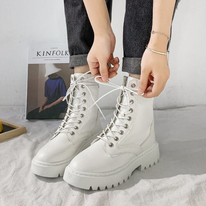 White Black PU Leather Ankle Boots Women Autumn Winter Round Toe Lace Up Shoes Woman Fashion Motorcycle Platform