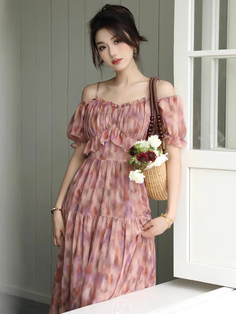 Summer New French Elegant Party Print Dress Sweet A Line Midi  Ladies Vintage Robes