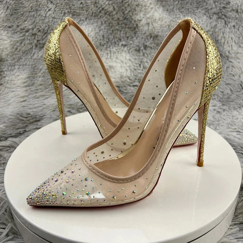 Futurecen Bling Gold Sequins Women Summer Gauze Rhinestones Pointed Toe Stiletto Pumps for Wedding Elegant Bridal High Heel Shoes