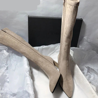 Winter Suede Long Boots Women Shoes Fashion Pointed Toe Knee High Bootties Ladies Sexy Thin High Heel Shoes