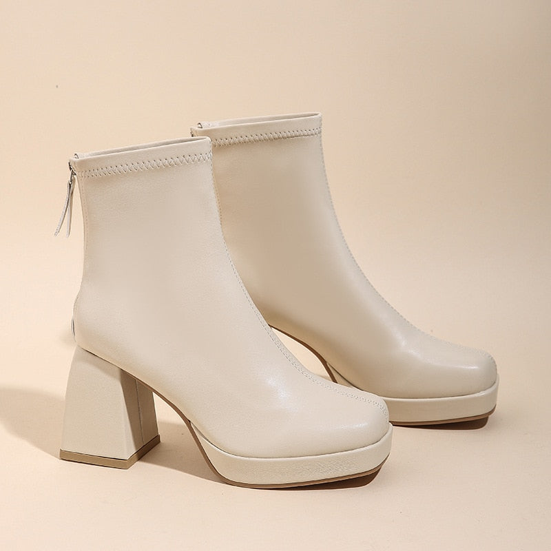 New Fashion Ankle Boots for Women High Heels Chunky Platform Stretch Fabric Square Toe White Sole Zipper Young Lady Booties