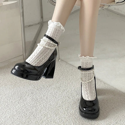 Futurecen Y2K Chunky Platform High Heels Pumps Women Summer Patent Leather Black White Lolita Shoes Woman Pearl Ankle Straps Pumps