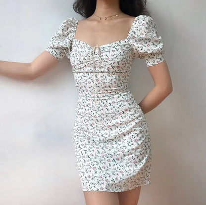 binfenxie Y2K Floral Mini Dress Women Bandage Lace Puff Sleeve Summmer Skinny Slim Bodycon Prom Party High Waist Vintage Dresses Woman