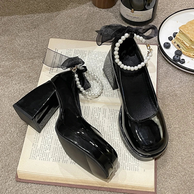 Pearl Ankle Strap Platform Pumps for Women Super High Heels Patent Leather Mary Jane Shoes Woman Lace Bowknot Dress Shoes Ladies