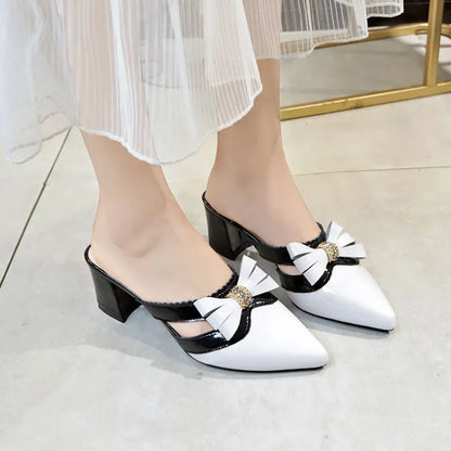 Women's Slippers and Ladies Sandals Jewels Summer  Crystals Slides Pointed Toe Shoes Black Heeled Mules Rhenstone with Bow Y