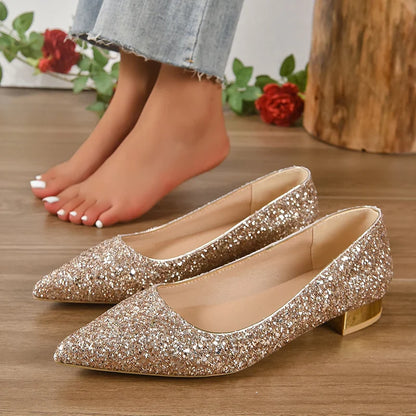 Gold Low Heels Pumps Women Spring Shiny Sequins Pointed Toe Party Shoes Woman Plus Size Simple Thick Heeled Bride Shoes