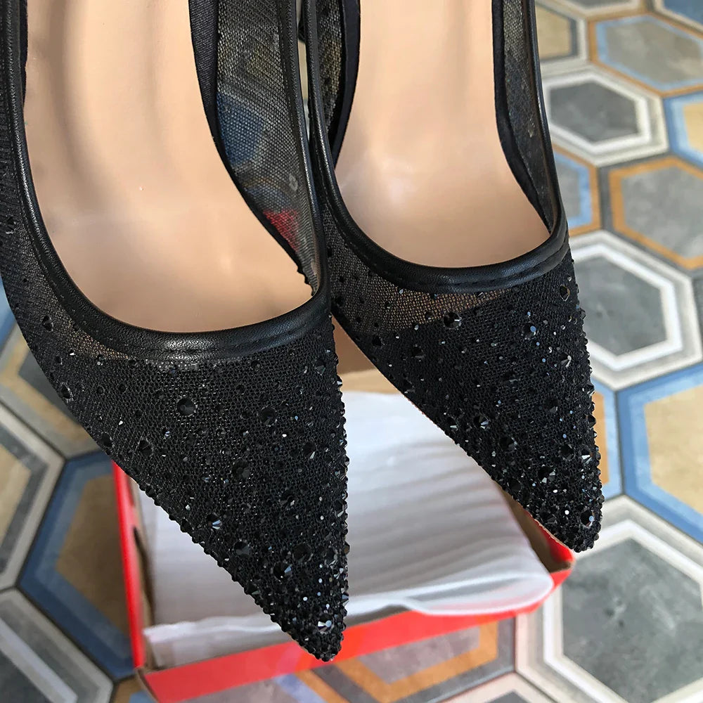 Futurecen Black Mesh Rhinestones Women Satin Gauze Pointy Toe Stiletto Pumps 8cm 10cm 12cm High Heel Elegant Shoes for Summer