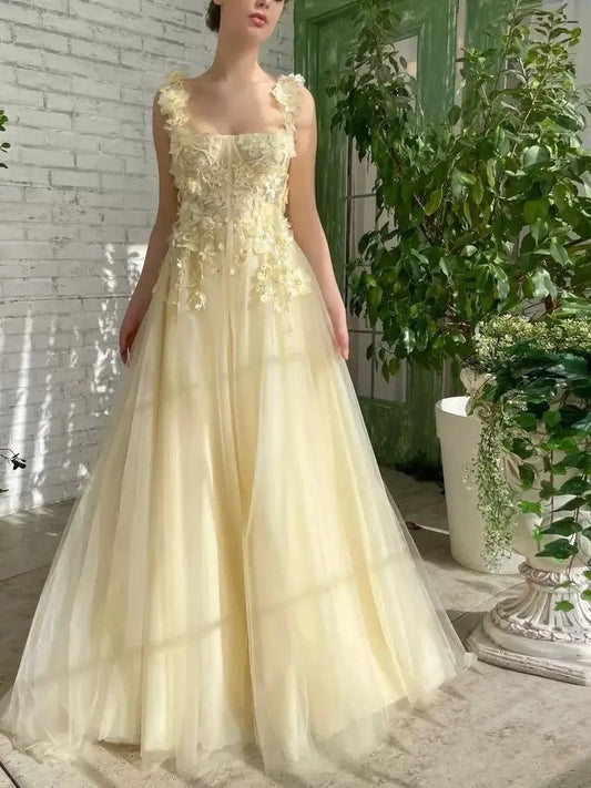 Yellow Floral Prom Dresses Lace Applique Tulle with Belt Spaghetti Strap Long Sweep Train Graduation Homecoming Evening Gowns