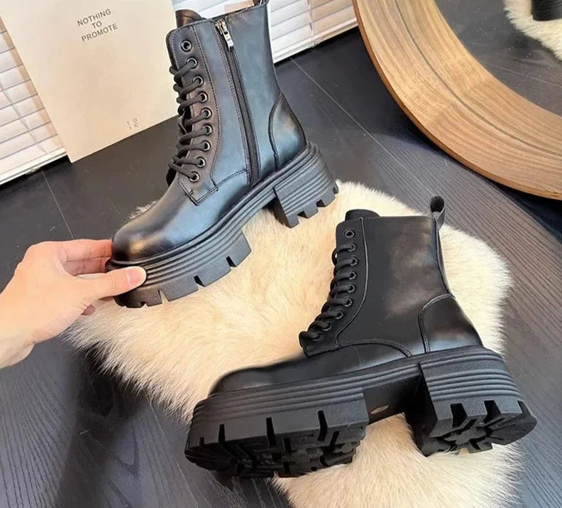 High Platform Women's Motorcycle Boot for Winter Fashion Lace Up Square Heel Short Booties Autumn Girl's Shoes