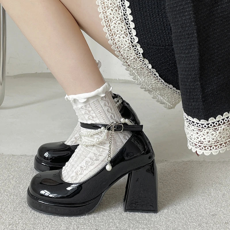 Futurecen Y2K Chunky Platform High Heels Pumps Women Summer Patent Leather Black White Lolita Shoes Woman Pearl Ankle Straps Pumps