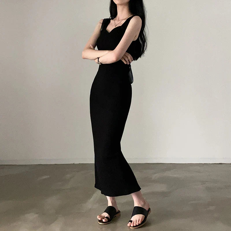 binfenxie Basic Knit Long Dress Korean Fashion Square Collar Sleeveless Women's Dresses Summer Casual Y2k Vintage All-match Outftis