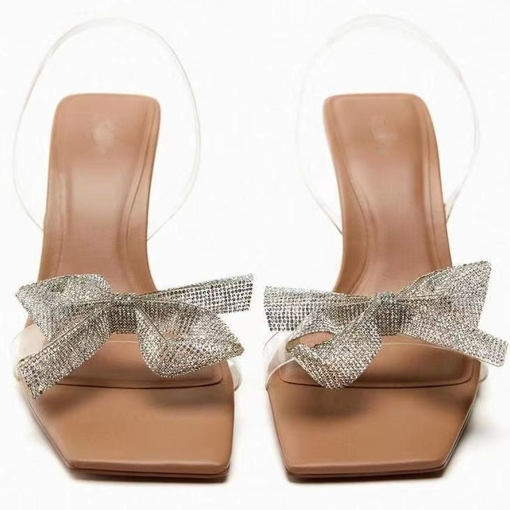 Summer New Transparent PVC Fashion High with Sandals Fine with Bow Outside Wear Slippers Square Head women shoes