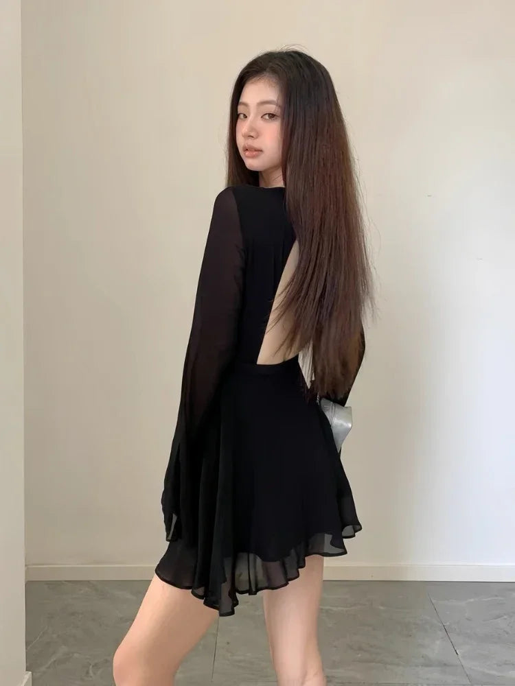 binfenxie Backless Black Dress Women Elegant Back Hollow Out Lace-up Long Sleeve Mesh Patchwork Sexy Slim Ruffle Mini Dress Party