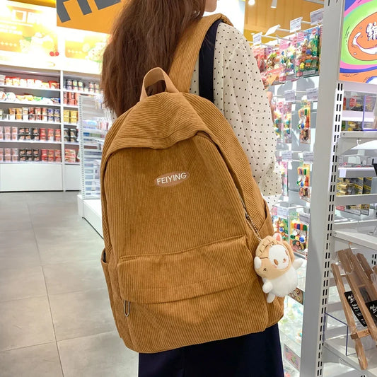 binfenxie Vintage Corduroy Women'S Backpack Solid Color Simple Female Student School Bags Lady Travel Book Bag Kawaii Boy Girl Backpack