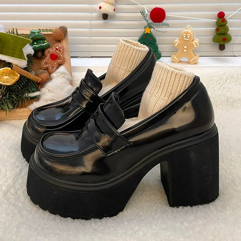 Pu Leather Women's Platform Loafers Gothic Black Chunky High Heels Pumps Woman Preppy Style Jk Uniform Shoes Mujer