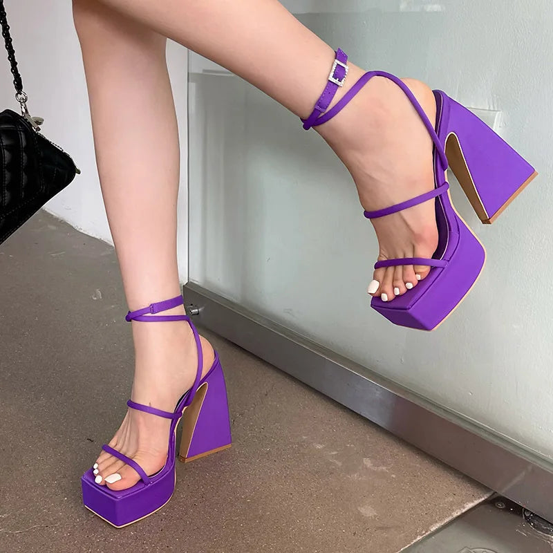 Futurecen New High Heels Women Sandals Square Toe Open Toe Pumps Platform Shoes Red Blue Thin Band Sexy Fashion Designer Party Dress Shoes