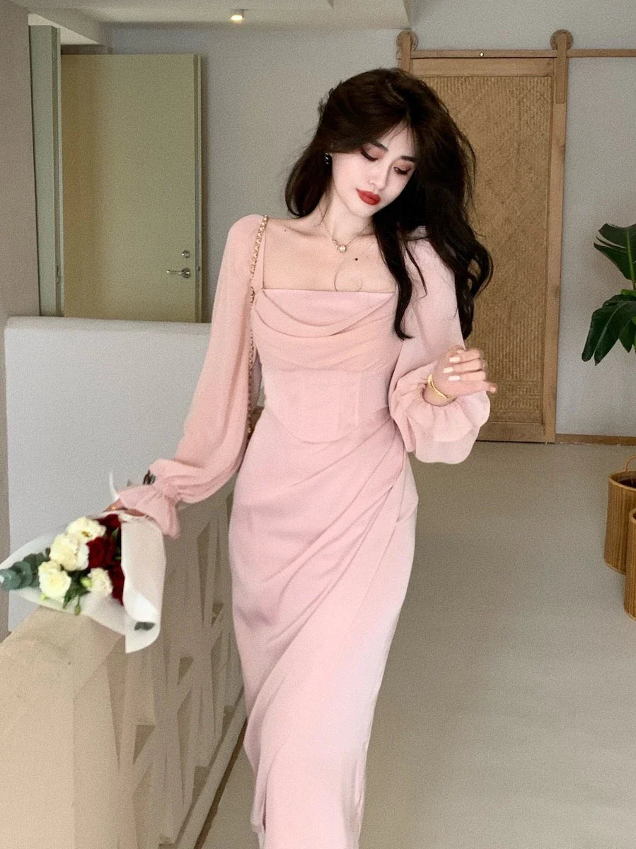 Vintage Wedding Party Midi Dresses for Women Spring New Square Collar Long Sleeves Elegant Fashion Evening Prom Female Clothing