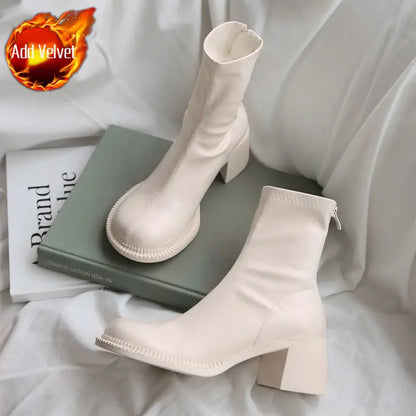 Short Shoes for Women Very High Heels Punk Style Booties Combat Female Ankle Boots White Footwear Heeled Round Toe Fashion