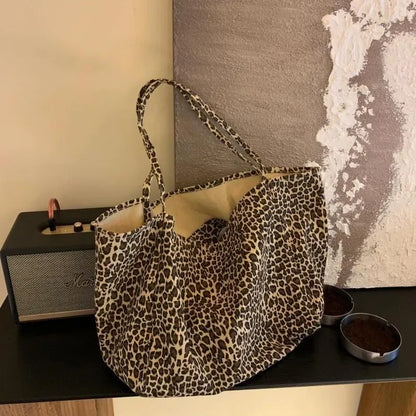 binfenxie Vintage Leopard Print Tote Bag Handbag Women Retro Large Capacity Casual Shoulder Bags Female Harajuku Canvas Y2k Bags