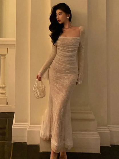 Vintage Elegant Bandage Mermaid Dress Spring Long Sleeve Lace Evening Party Prom Robe Women Casual Square Collar Vestidos Mujer