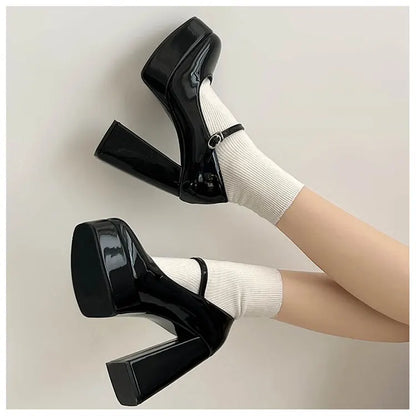 Futurecen Vintage High Heels Mary Jane Shoes Women 2024 Patent Leather Platform Pumps Woman Elegant Solid Office Heels Thick-Heeled Shoes