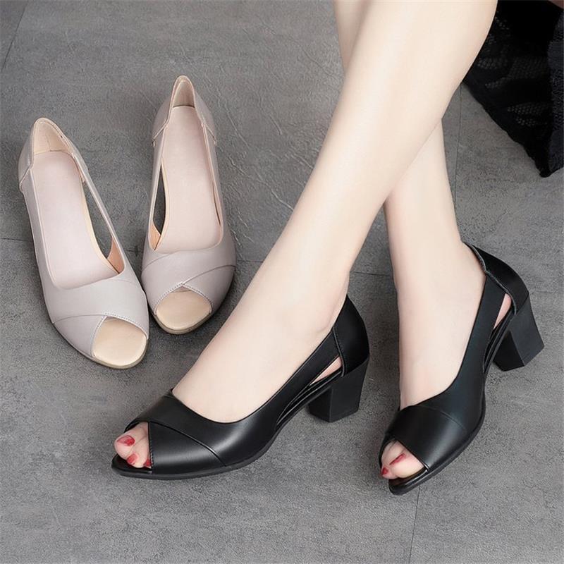 Summer Leather Women Shoes Comfortable Ladies Mid Heel Sandals Hollow Peep Toe Square Heel Sandals Woman Footwear