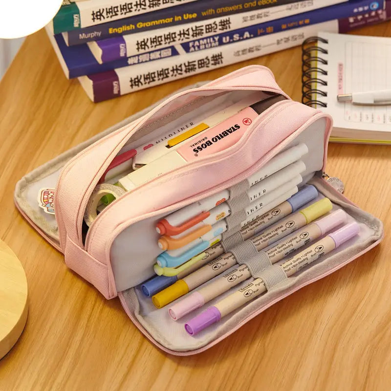 binfenxie Kawaii School Pencil Case Kids Lattice Cotton Linen Multilayer Big Capacity Pencil Box Cute Pensil Case Pen Bag Estuche Escolar