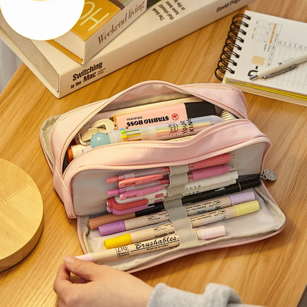 binfenxie Kawaii School Pencil Case Kids Lattice Cotton Linen Multilayer Big Capacity Pencil Box Cute Pensil Case Pen Bag Estuche Escolar