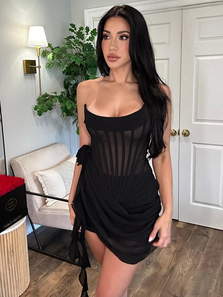 Chiffon Mesh Corset Flower Drape Mini Dress For Women Strapless Off-shoulder Backless Bodycon Club Party Sexy Dress