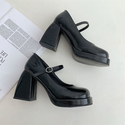 Woman Pumps Mary Jane High Heels Shoes Leather Casual Shoes Women Retro Style Square Heeled Shoes Ladies Elegant Lolita Shoes