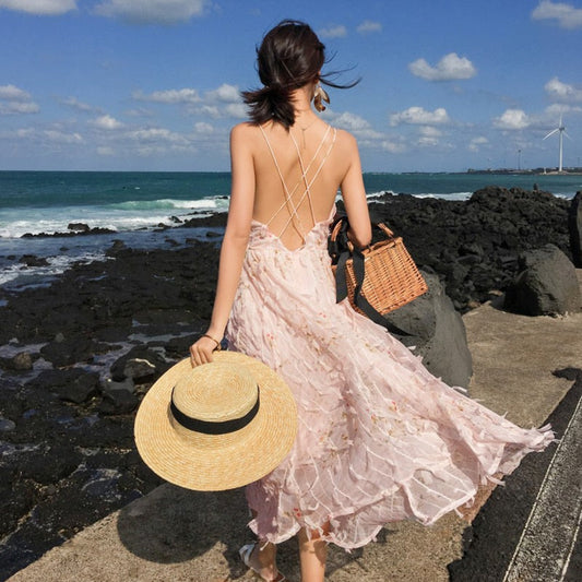 Women Pink Sundress Summer Tropical Vacation Sleeveless Backless Long Party Fairy Dress Casual Beach Straps Dress Runway