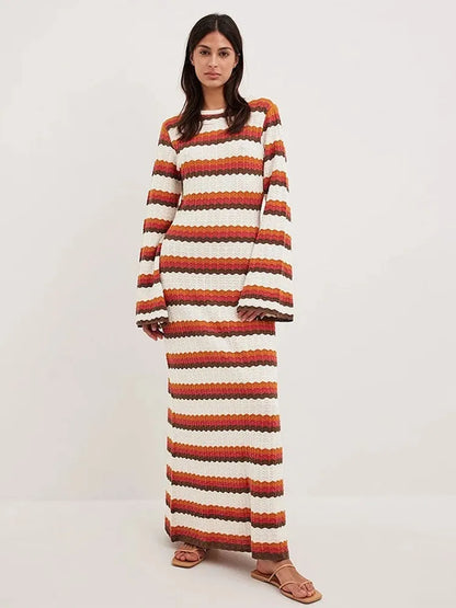 Elegant Wave Striped Cotton Knitted Maxi Dress Women Fashion O-neck Flared Sleeves Backless Dresses Female Beach Vacation Robe