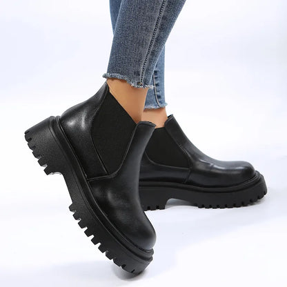 Chunky Pu Leather Chelsea Boots for Women Fashion Slip On Platform Ankle Booties Woman Black Thick Bottom Short Boots