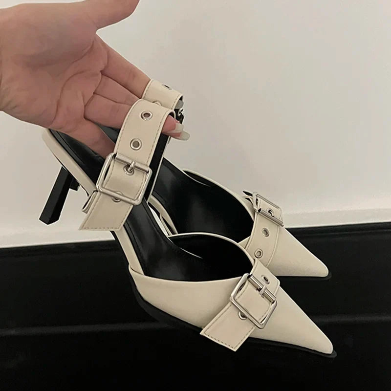 Punk Goth Metal Buckle High Heels Sandals Women Summer Pointed Toe Silver Party Shoes Woman Korean Style Thin Heels Sandals