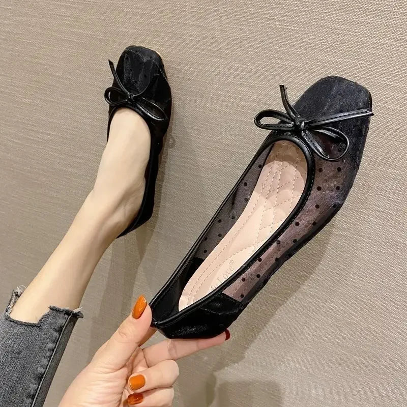 Shoes for Women Flat Ladies Summer Footwear with Bow Clear Transparent Black Flats Square Toe on Offer Non Slip 39 Shoe E A