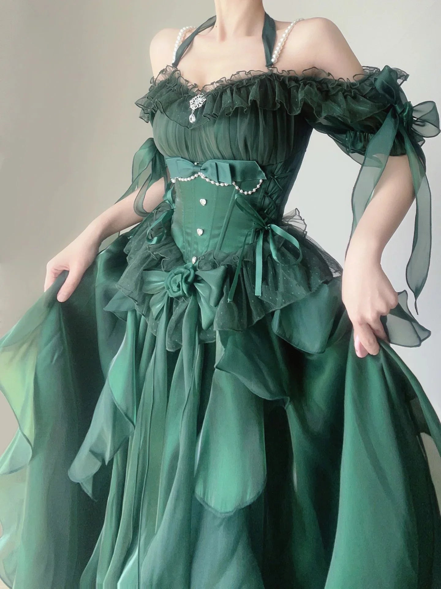 Green Flower Wedding Dress Cos Lolita Dress Op Dress Lolita Heavy Industry Trail Puffy Princess Dress, Lolita Cosplay