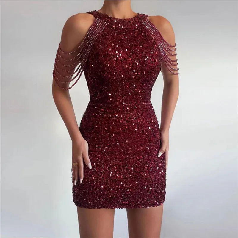 binfenxie Sexy Off Shoulder Sleeveless Slim Mini Party Dress Ladies Elegant Sequin Shiny O Neck Dress Summer Women Hip Dresses