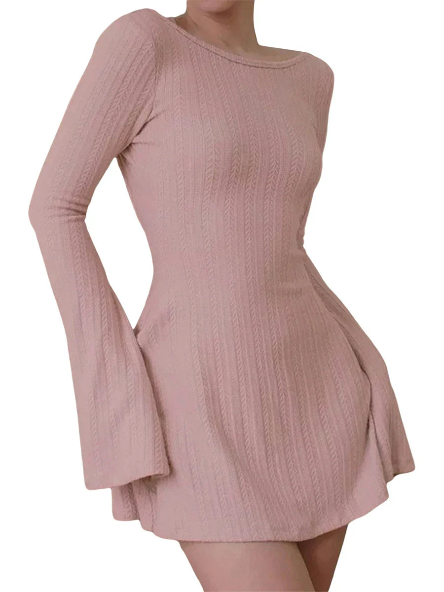 binfenxie Solid Color Ribbed Knit Sweater Dress with A-Line Swing Silhouette - Casual Long Sleeve Crewneck Bodycon Short Dress